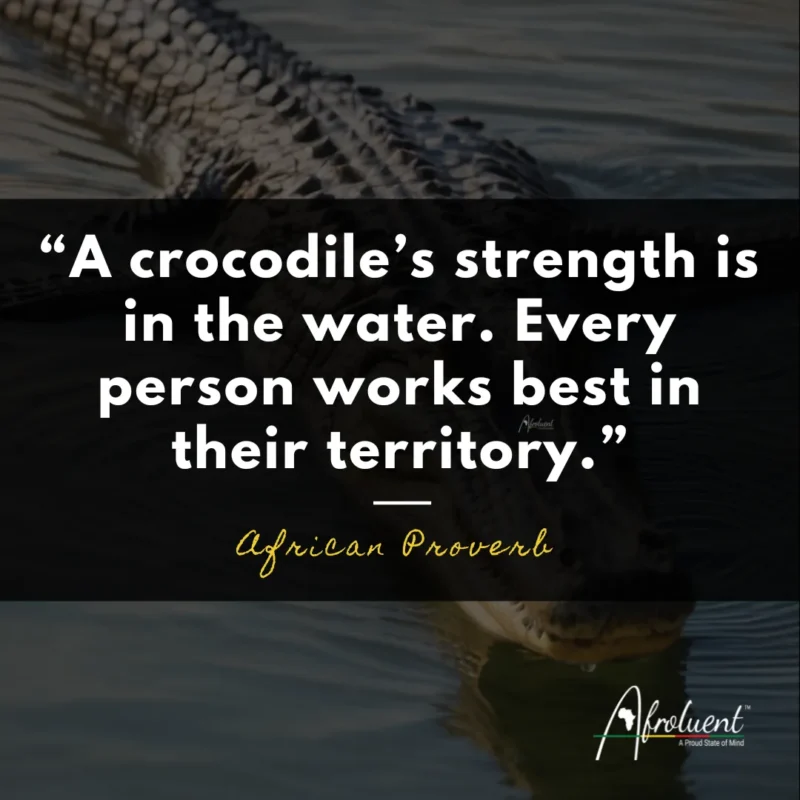 “A crocodile’s strength is in the water. Every person works best in their territory.” African proverb and quote.